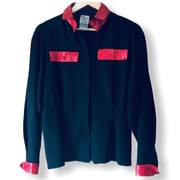Vintage Francesca of Damon for Starington Black Wool and Red Leather Blouse - Picture 1 of 8